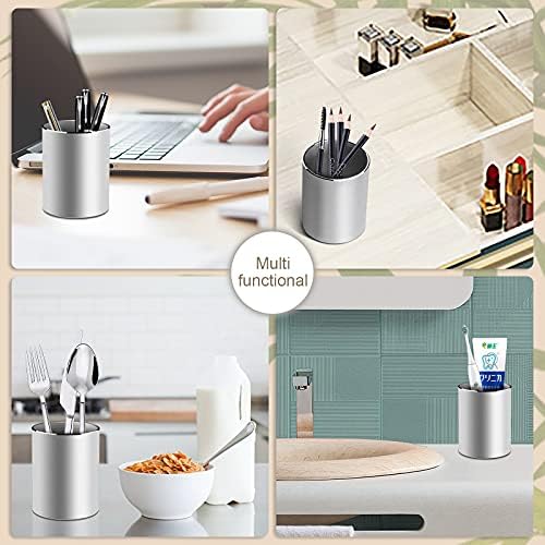 Vaydeer Metal Pen Holder Aluminum Pencil Holder for desk, Round Desktop Organizer and Silver Pencil Cup for Office, School, Home and Stationary Supplies (3.15 x 3.15 x 3.94 Inches)