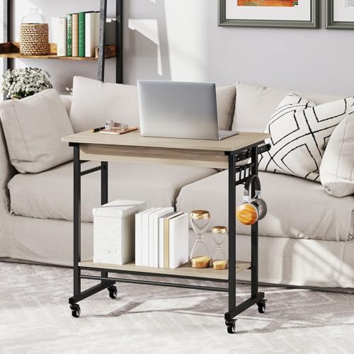 Tangkula Rolling Computer Desk Cart with Keyboard Tray, Mobile Portable Laptop PC Desk with CPU Stand & 3 Hooks for Sofa & Bed, Compact Small Desk on Wheels for Small Spaces (Grey)