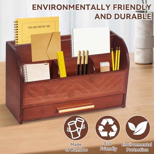 Brown Desktop Organizer with Drawer Storage, White Desk Organizer Mail Holder Mail Organizer Countertop Pen Holder Letter Sorter Make up Organizer for School Home Office Supplies