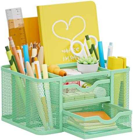 Marbrasse Mesh Desk Organizer, Pen Organizer with 2 Drawer, Multi-Functional Pencil Holder, Desk Organizers and Accessories with 5 Compartments + Drawer for Office Art Supplies (Green)