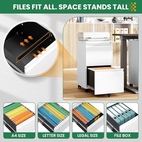 2 Drawer File Cabinet with Lock, Small Rolling Filing Cabinet for Home Office, Printer Stand, 2 Drawer Under Desk Filing Cabinet with Wheels for Legal/Letter/A4 (Fully Assembled,White)