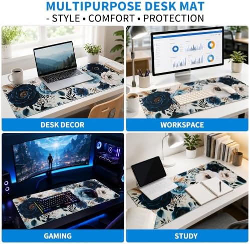Extended Peony Florals Desk Mat, XL Large Gaming Mouse Pad, Elegant Flowers Boho Navy Blue Stitched Edges Waterproof Non-Slip Rubber Base for Computer Keyboard Laptop Work Home Office 31.5"x11.8"