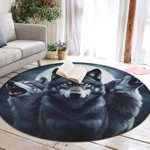 Fashion Round Area Rug Large Non Slip Carpet, Full Moon Wolf Unisex Home Decor Mat