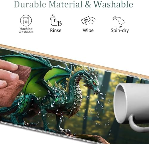 4 in 1 Mouse Pad Combo, Large Gaming Mouse Pad + Keyboard Wrist Support + Mouse Wrist Rest + Coaster, Table Pad 31.5 "x 11.8" with Memory Foam Ergonomic Wrist Pad Set, Forest Green Dragon
