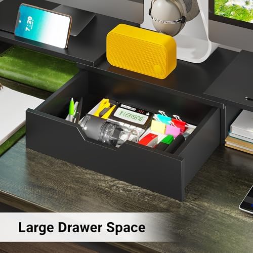 Dual Monitor Stand with USB Ports Wood Monitor Stand Riser with Drawer