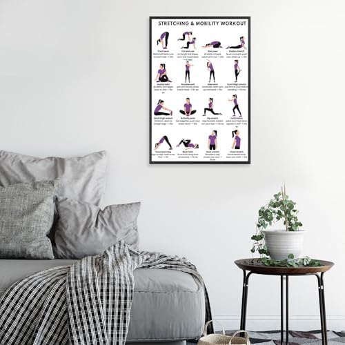 Stretching & Mobility Workout Poster, 16 Illustrated Full-Body Flexibility Chart with Timed Hold Guides, Bodyweight Daily Stretch Reference for Desk Soreness & Post-Workout Joint Recovery(8x12inchs，Unframed)