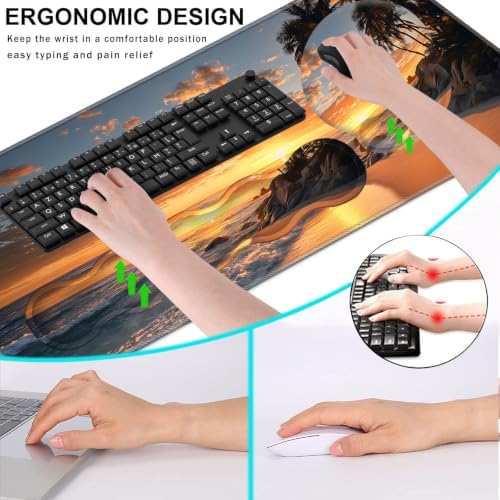 Mouse Pad,Large Pink Desk Mat, 4in1 XXL Mousepad + Keyboard Wrist Rest+Mouse Wrist Rest+Coaster Set with Ergonomic Desk Pad for Home Office Table Computer-Sunset Beach
