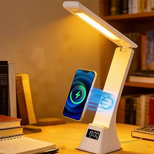 IHAO 3in1 Foldable Eye-Care Desk Lamp with 15W Wireless Charger & Digital Clock Touch Control, 3 Color Temperatures, Alarm, 180° Foldable, Phone Stand, Modern LED Table Lamp TYV-2088 White