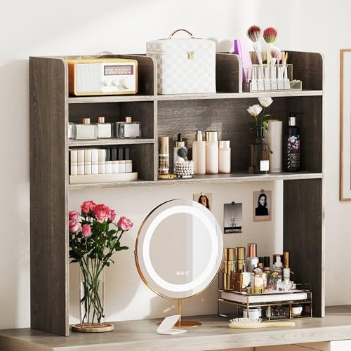 Tangkula Desktop Bookshelf for Computer Up to 32”, 37” Countertop Storage Hutch with 6 Storage Shelves, 3-Tier Desktop Organizer Display Rack, Wooden Desk Hutch for Dorm Home Office (Grey,6 Shelves)