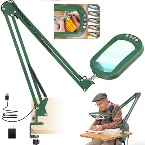 16" Extra Long Magnifying Glass with Light and Clamp, Real Glass, 5 Color Modes, Stepless Dimmable, Lighted Magnifier with Stand Hands Free, LED Swing Arm Desk Lamp for Close Work, Craft, Green
