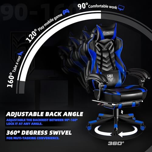Vonesse Gaming Chair, Big and Tall Gaming Chair with Footrest and Massage, Gaming Chairs for Adults with Lumbar Support, Ergonomic High Back Computer Chair with Pocket Spring Cushion (Black/Blue)