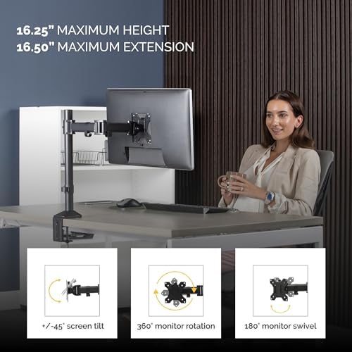 Fellowes Reflex Series Adjustable Monitor Arm for Desk, Supports 32 Inch Monitors, Ergonomic Single Monitor Stand with VESA Mount, Easy Setup with Grommet or Clamp, 8502501 Black