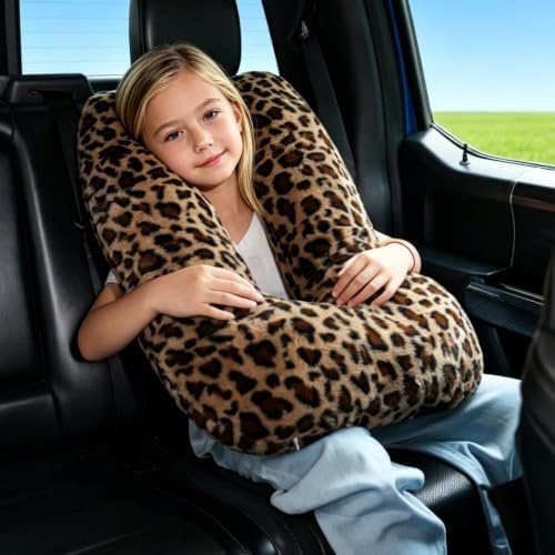 Atablyn Leopard Print Brown Soft Cotton Travel Neck Pillow for Kids & Adults, Ergonomic Support for Car Seats & Airplane Travel, Cozy Compact Design for Long Distance Trips