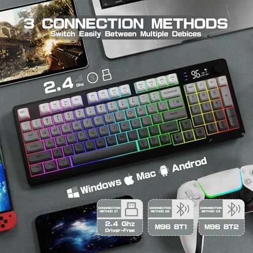 LexonElec M96 Wireless Keyboard, Low Profile Quiet Typing Membrane Gaming Keyboard with Smart Display & Knob, RGB Backlit, USB C Rechargeable, 94 Keys PBT Keycap for Windows PC,Mac,Linux-Moonlit Night