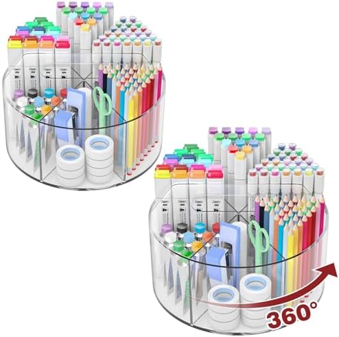 Absonic 500 PCS Acrylic Pencil Holder, 360 Rotating Clear Marker Organizer, Pen Crayon Marker Caddy Organizer for Desk, Desktop Storage and Organizer for Office School Art Supplies, 2 Pack