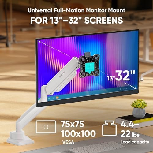 ONKRON Single Monitor Arm 13-32 Inch, 22 lbs, VESA 75x75-100x100, White