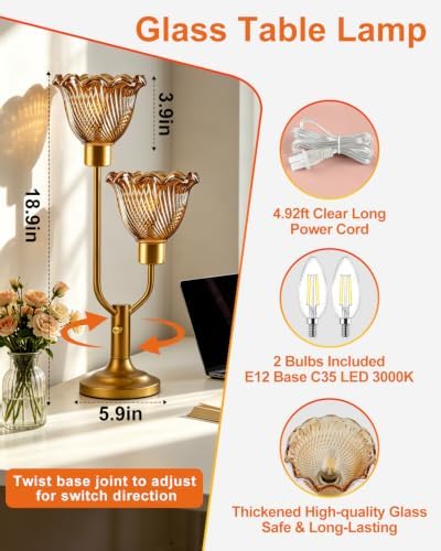 Lightdot Mid Century Modern Gold Table Lamp Dimmable Vintage Glass Lamp