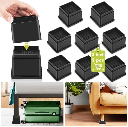 8 Pack Furniture Risers 2 or 4 Inch, Adjustable Bed Risers Heavy Duty for Table Desk Couch Chair Sofa Cabinet Bed Frame Dorm, Square Stackable Table Leg Risers Lift Height 2" or 4", Black