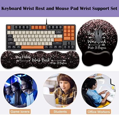 Keyboard Wrist Rest Pad and Ergonomic Mouse Pad Wrist Rest (with Coaster) Set, Non-Slip Base & with Memory Foam for Easy Typing and Wrist Pain Relief - Stay Positive Work Hard and Make It Happen
