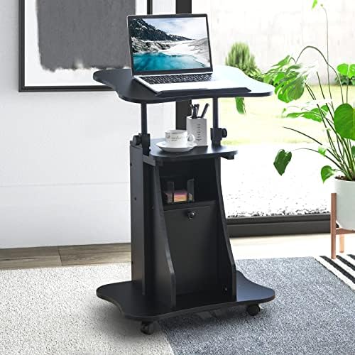 Tangkula Mobile Laptop Podium, Height Adjustable Sit to Stand Desk with Tilting Desktop & Storage Cabinet, Ergonomic Rolling Lectern Cart Laptop Desk, Office Podium Stand on Wheels