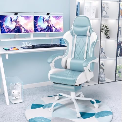 Shahoo Gaming Chair with Footrest and Massage Lumbar Support, Ergonomic Office Computer Seat Height Adjustable with Headrest, Light Blue