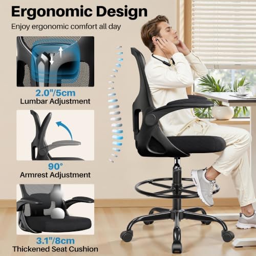 Drafting Chair Tall Office Chair for Standing Desk - Ergonomic Computer Work Stool with Flip-up Arms, Foot Ring & Adjustable Lumbar Support. Ideal for Studio, Artist, Engineer, & Study (Black)