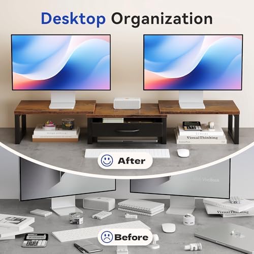 Desk Organizers and Accessories, Dual Monitor Stand Riser with Drawer, Computer Monitor Stand, Adjustable Desk Shelf for PC Laptop Printer TV, Brown