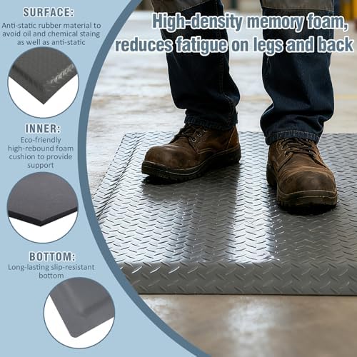 Anti Fatigue Mats Industrial 3' x 7' 15/16" Thick Ergonomic Standing Mat Commercial Heavy Duty Diamond Plate Shop Floor Mat Helps Relieve Back and Leg Soreness