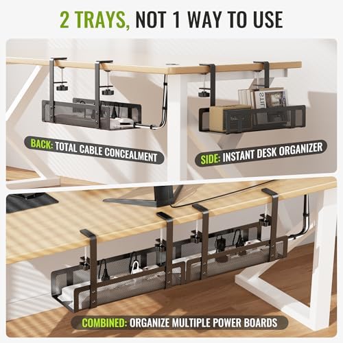 [Upgraded] 2 Pack Cable Management Under Desk Tray, Xpatee 27.6" No Drill Open Slots Cable Management Tray, Cord Wire Organizer Box with Clamp for Table Thickness up to 3" - No Desk Damage(Black)