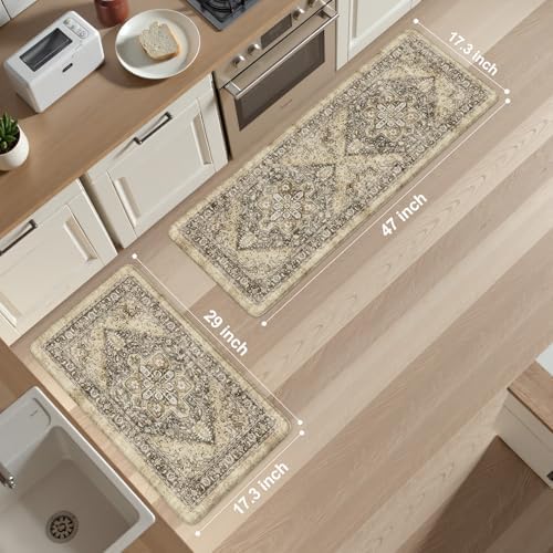 KIMODE Anti Fatigue Kitchen Mat, Boho Distressed Kitchen Rugs Sets of 2