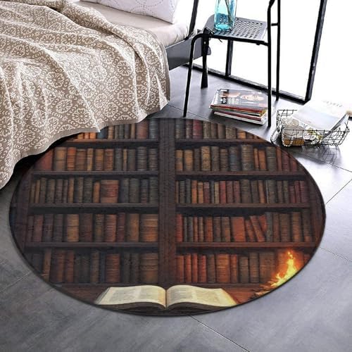 Soft Round Yoga Carpet, Office Chair Decor Round Mat for Carpet and Hardwood Floors Vintage Bookshelf Library Books