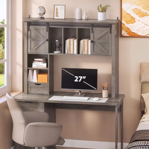 Large Desktop Bookshelf with Sliding Barn Door, 47.2''W Desk Shelf