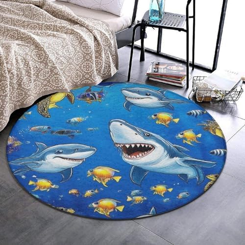 Room Sofa Yoga Soft Round Carpet, Home Decor Non Slip Kitchen Office Circle Rug, Machine Washable Modern Round Area Rug Ocean Sea Shark Fish, 24inch