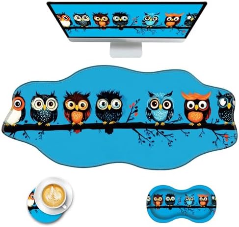 Mouse Pad with Wrist Support + Desk Mat + Coaster 3 in 1 Set, XXL Large Gaming Mousepad Ergonomic Mouse Pads for Desk Computer Laptop Office,Cute Owls on a Branch