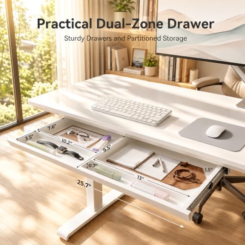 Claiks 55" White Electric Glass Standing Desk Wireless Charging & Drawers