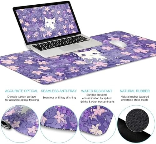 LIMKRIAN Purple Mouse Pad Large Desk Mat Set, Kawaii Cat Gaming Mousepad