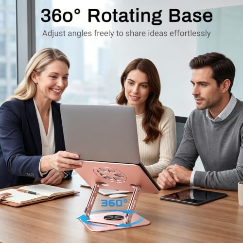 360°Rotating Laptop Stand, Ergonomic Adjustable Foldable Notebook Riser, Metal Computer Holder Compatible with 10-17.3" Laptops, Desktop Printer Stand, for Home & Office (Pink)
