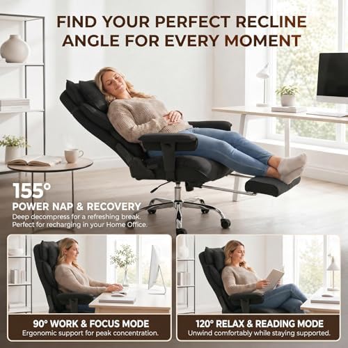 mokodo Big and Tall Office Chair 400lbs, Breathable Fabric Executive Desk Chair with Pocket Spring Cushion, 155° Reclining Computer Chair with Integrated Headrest & Lumbar Pillow (Black)