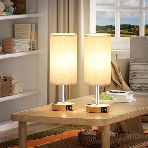 Touch Bedside Table Lamps Set of 2 - Bedroom Lamp with USB A+C, AC Outlet