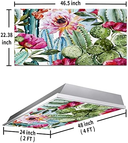 Fluorescent Light Cover Decorative Ceiling Light Filters,Watercolor Cactus Pattern,for Classroom Office Hospitals Home Ceiling Decorative,2ft x 4ft,Blue