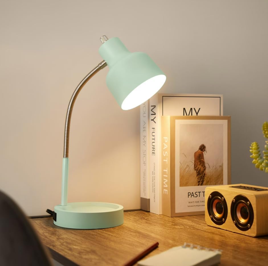 17 Inch Adjustable Flexible LED Desk Lamp with Catch-All Base & AC Outlet, Task Lamp,Green