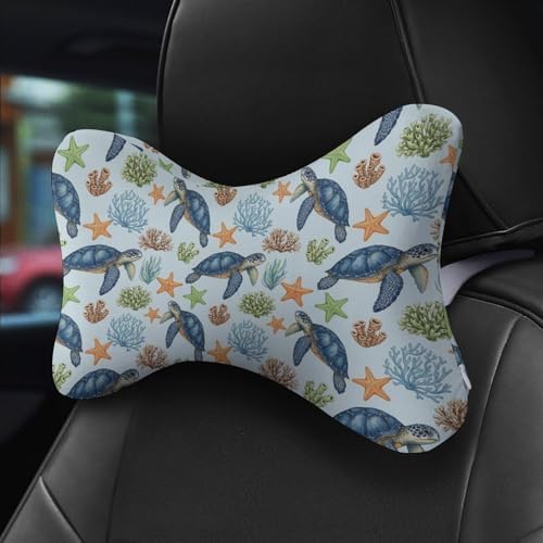 2 Pcs Car Neck Support Pillow Sea Turtle Ergonomic Headrest with Breathable Removable Cover for Driving
