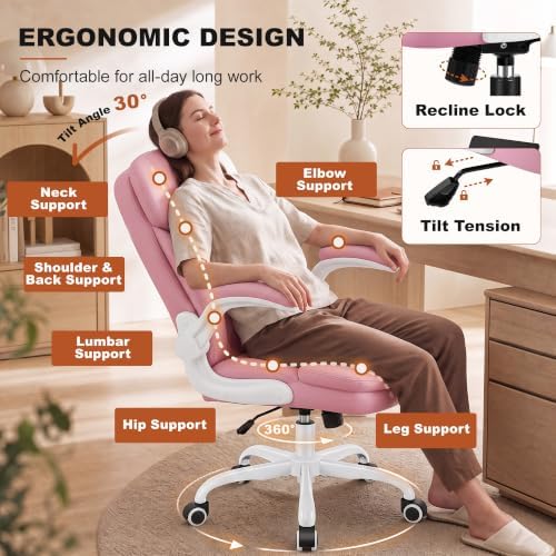 Leather Office Chair, Pink Computer Desk Chair with Dual Back Support
