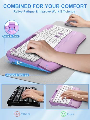 Hayyiesh Ergonomic Wave Keys Wireless Keyboard and Mouse Combo, Full Size with Memory Foam Wrist Rest & Phone Holder, 2.4G Cordless Set with USB-C Adapter for Windows Mac Desktop Laptop (Purple)