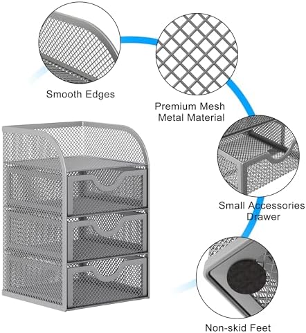 EasyPAG Mesh Desk Organizer with 3 Drawer Office Desktop Organizers and Accessories Stationery Caddy for Office, Home, Students, Silver
