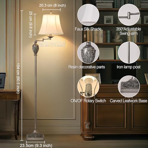 Traditional Floor Lamp with 350° Swing Arm,3 Color Temperatures,Silver