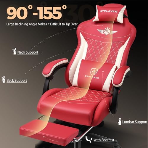 GTPLAYER Gaming Chair with Footrest, Big and Tall Game Chair High Back Computer Office Chair with Lumbar Support for Adults, Ergonomic Swivel Games Chair with Cushion Gaming, Leather Red