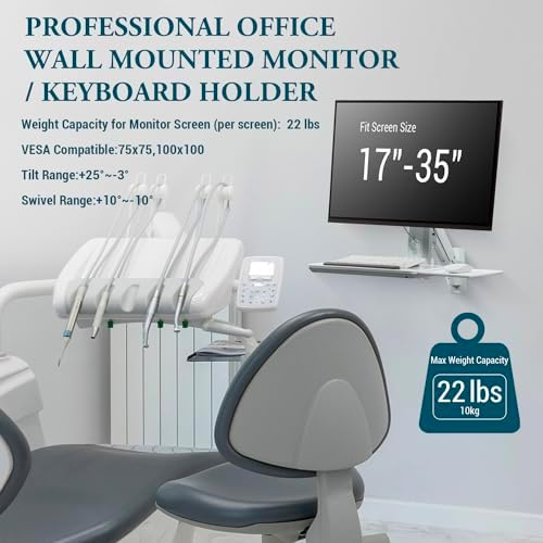 MyGift Wall Mounted White Metal Medical Grade Monitor Screen Workstation with Height Adjustable Arm, Keyboard & Extension Tray & Mouse Holder for Healthcare and Dental Clinics, Fits up to 35” Monitor