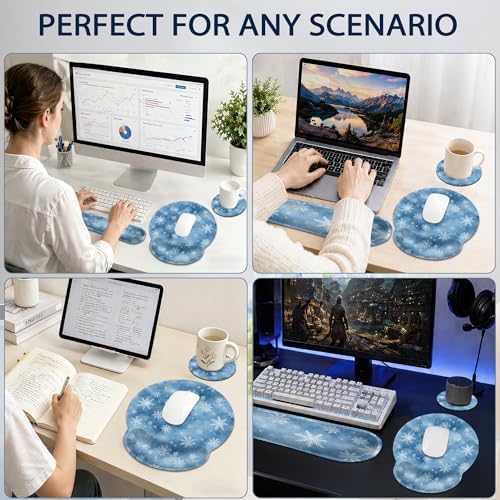 Snowflakes Ergonomic Memory Foam Wrist Rest Set for Keyboard and Mouse,Winter Christmas Supportive Mouse Pad with Non Slip Base for Office Work and Gaming