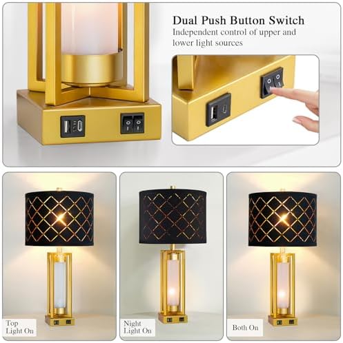 Set of 2 Modern Table Lamps for Living Room Bedroom with USB C+A